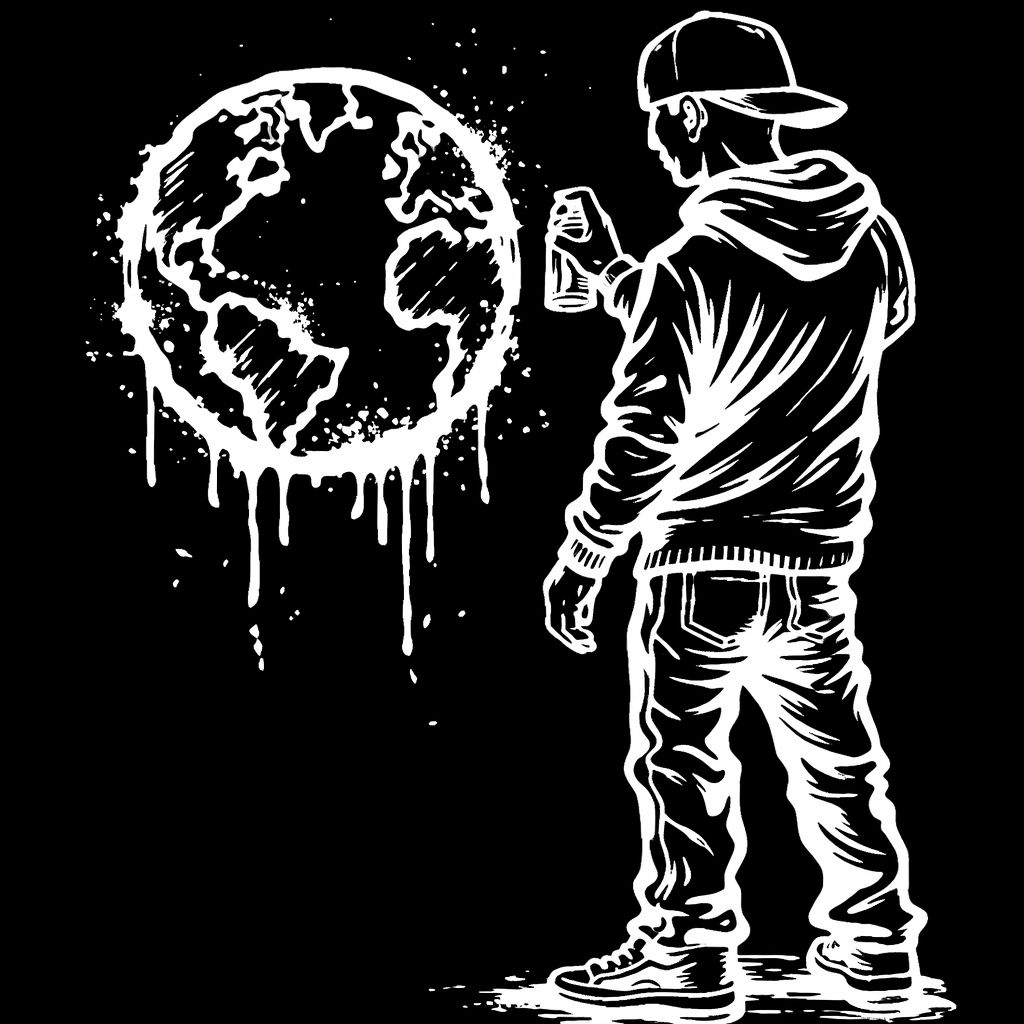 Street artist spray painting a globe